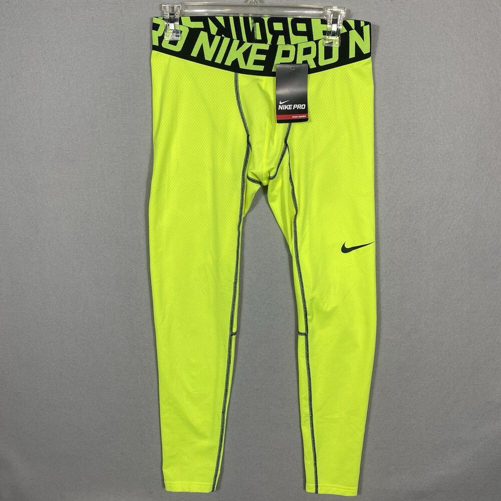 Nike Mens Pro Stay Warm Training Compression Leggings Yellow L Gym Running NWT